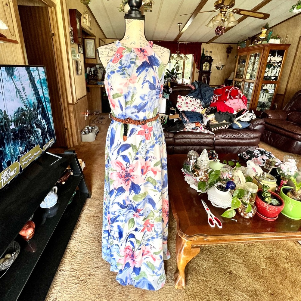 R&K Floral Halter Maxi Dress in White, Blue, Pink